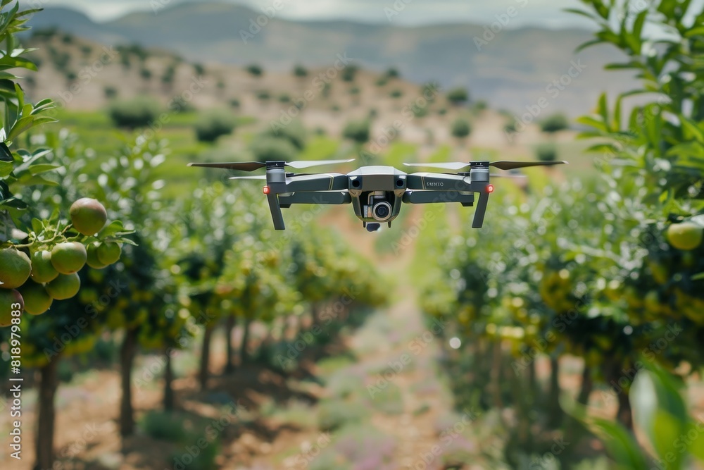 Poster drone technology in smart farming with an isometric field using sensors for crop care, agricultural 