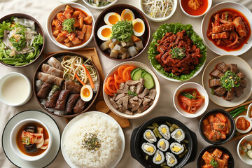 assortment of Korean traditional dishes, asian food, top view
