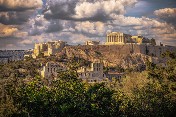 Panoramic view of the Acropolis of Athens from the Philopappos hill in Greece