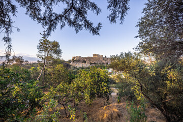 Panoramic view of the Acropolis of Athens from the Philopappos hill in Greece