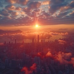 AERIAL view of the huge city at the sunset Drone footages