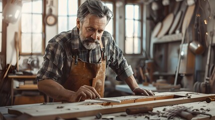 Skilled Woodworker Meticulously Shaping Elegant Furniture in Well Lit Workshop