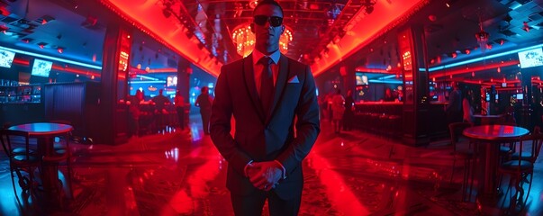 Stylish Security Guard Overseeing Upscale Nightclub Ambiance with Vibrant Neon Lighting and Contemporary Interiors