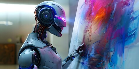 AI robot assisting artists by generating prompts and creating artwork autonomously. Concept Artificial Intelligence, Robot Assistance, Prompt Generation, Autonomously Creating Artwork