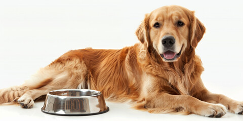 Golden Retriever Lying Next to an Empty Food Bowl on White Background.