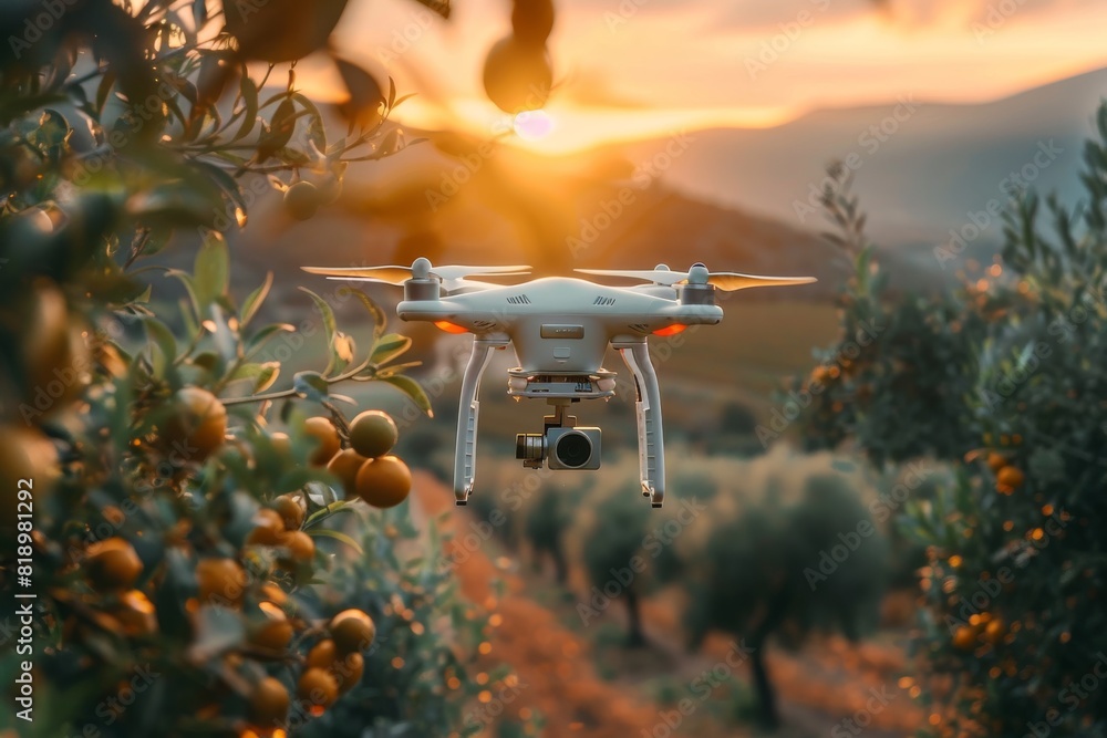 Poster isometric vector illustration of smart farming drone in field with sensors for crop care and agricul