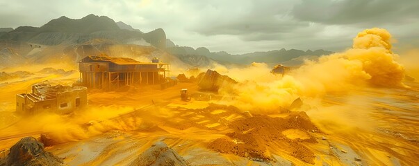 Panoramic View of Southeast Asian Sulfur Mine Highlighting Harsh Working Conditions for Miners Amidst Clouds of Yellow Dust