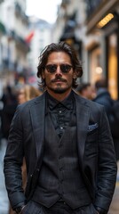 Stylish Modern Businessman in Trendy Sunglasses and Suit on Urban Street