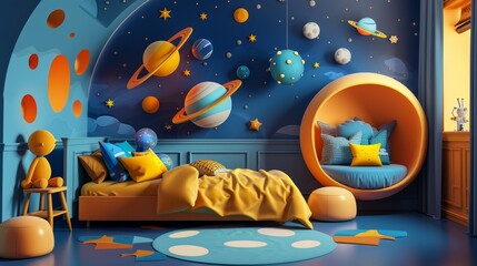A colorful room with a blue wall and a yellow bed