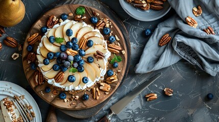 Crispbread with cream cheese, sweet pears, blueberry and pecan nuts.  