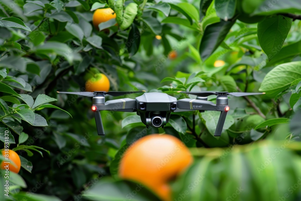 Poster smart farming drone in an isometric vector field using sensors for crop care, agricultural innovatio