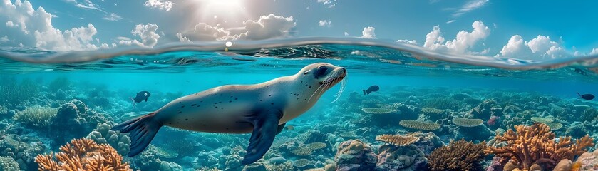 Captivating Seal in Split Level Underwater and Skyscape Highlights the Need for Environmental Care and Preservation