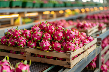 The harvested Dragon Fruit crop is packed in wooden boxes on the sorting line, ready for distribution at a bustling farm during peak harvest season