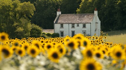 A quaint countryside cottage surrounded by fields of sunflowers, its whitewashed walls glowing in the warm summer sunlight. 32k, full ultra hd, high resolution