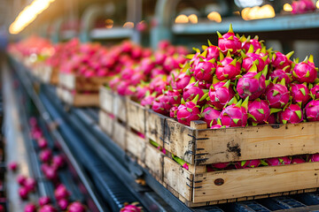 The harvested Dragon Fruit crop is packed in wooden boxes on the sorting line, ready for distribution at a bustling farm during peak harvest season