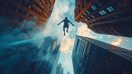 Daring Parkour Leap Between Towering Skyscrapers in Dynamic City Skyline - Powered by Adobe