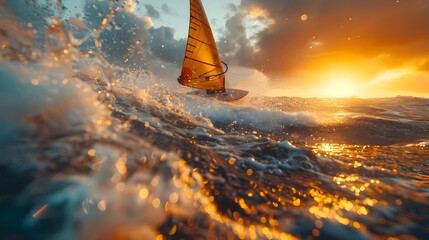 Determined Windsurfer Harnessing the Power of the Wind and Waves for an Exhilarating Ride across the Open Sea