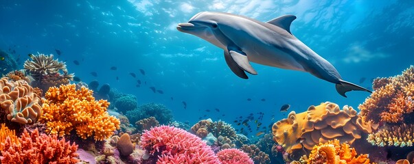 Dolphin Swimming Over Vibrant Coral Reef with Split Level View of Sky