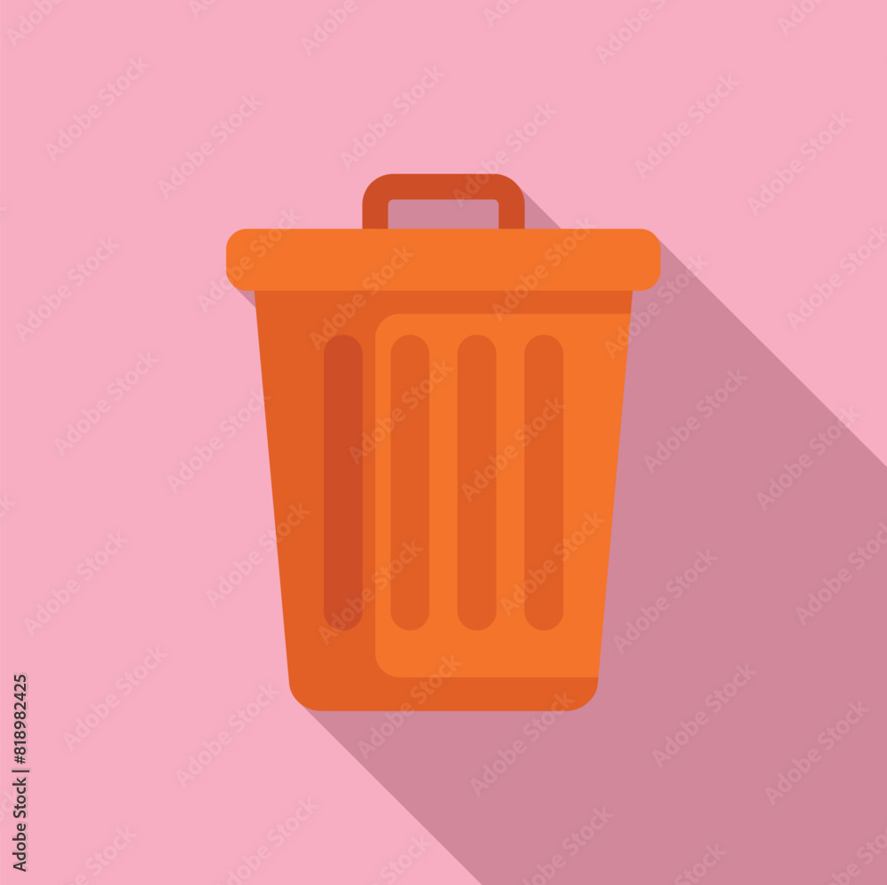 Poster flat design icon of an orange trash bin with a lid, casting a soft shadow on a pink background