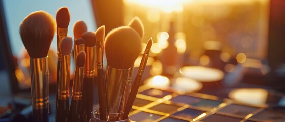 A close-up of makeup brushes and palettes on a table with warm sunlight shining through. Perfect for beauty and fashion content.
