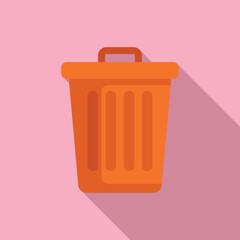 Flat design icon of an orange trash bin with a lid, casting a soft shadow on a pink background