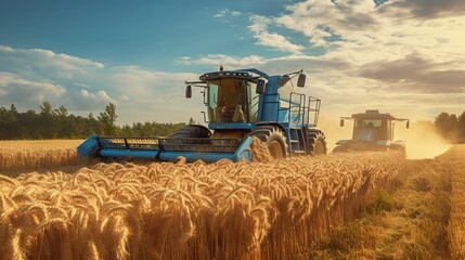 Obraz premium Red tractor on a green field with mountains in the background. Concept: Agriculture, mechanization, farming, work in nature.