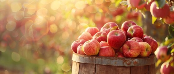 A barrel full of fresh apples in an orchard during a sunny autumn day, highlighting the seasonal harvest and vibrant colors of the fruits.
