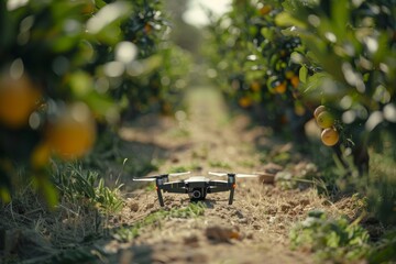 Smart farming drone in an isometric vector field using sensors for crop care, agricultural innovation, and sustainable automated farming conditions.