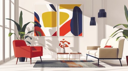 A living room with a red chair and a white couch