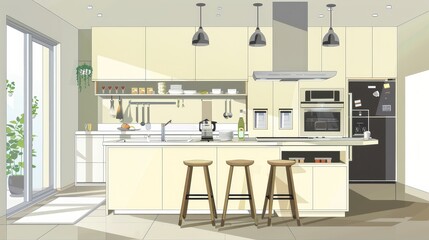 A kitchen with a white island and wooden stools