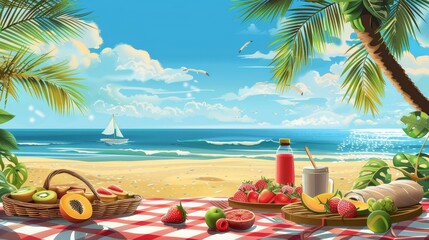 A beach scene with a boat in the water and a picnic table with food and drinks