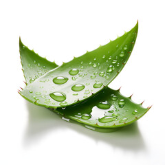 Fresh aloe vera leaf with sparkling water droplets, showcasing natural beauty on a white background.