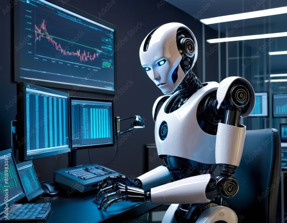 Poster an advanced humanoid robot examines intricate financial data on multiple screens in a modern, dimly 