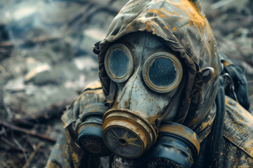 man in gas mask and chemical protection suit