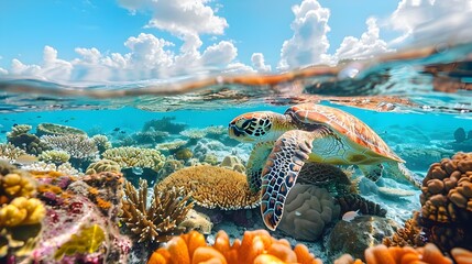 Majestic Sea Turtle Soaring Above Vibrant Coral Reef in Breathtaking Split Level Underwater Seascape