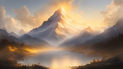 A serene landscape with a majestic mountain bathed in golden light, symbolizing divine presence.