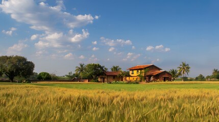 An idyllic Indian farmhouse surrounded by fields of golden wheat, its traditional architecture blending seamlessly with modern amenities