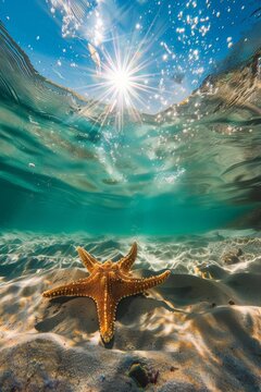 Estrella de mar bajo el mar tropical, waterline fauna marina, aguas cristalinas, cielo y mar, el sol desde debajo del mar, estrella marina en la arena de la playa