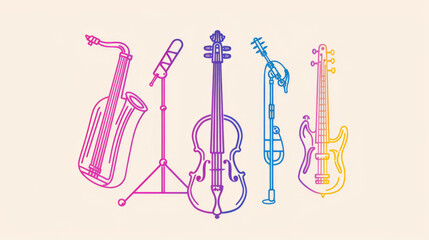 Colorful line art illustration of musical instruments including saxophone, violin, electric guitar, and microphone stand on a beige background.