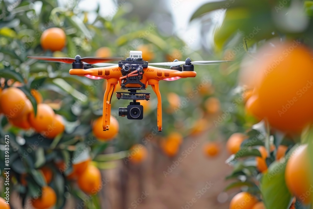 Poster smart farming drone in an isometric vector field using sensors for crop care, agricultural innovatio