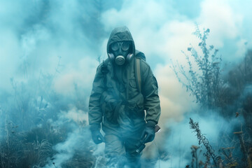 man in gas mask in chemical protective suit shrouded