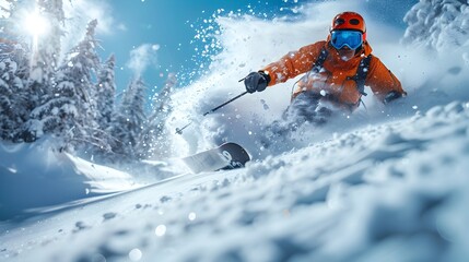 Snowboarder Carving Graceful Turn Amid Powdery Snow and Crisp Winter Landscape