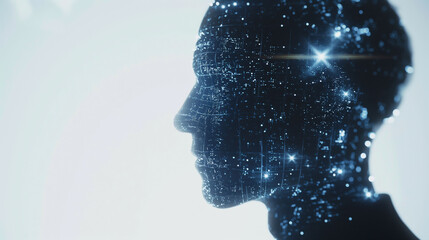 Abstract silhouette of a human head filled with glowing digital elements, representing artificial intelligence and technology in a futuristic concept.