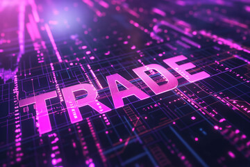 High-tech digital trade concept with glowing pink text and futuristic design elements, highlighting modern technology in commerce.
