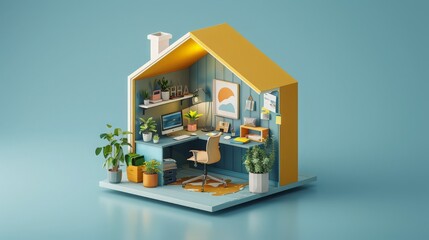 3d illustration of flying yellow house on the cloud with blue sky on background. Ai generated