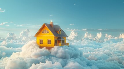 3d illustration of flying yellow house on the cloud with blue sky on background. Ai generated