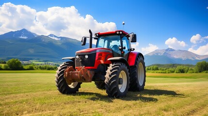 Fototapeta premium Red tractor on a green field with mountains in the background. Concept: Agriculture, mechanization, farming, work in nature.