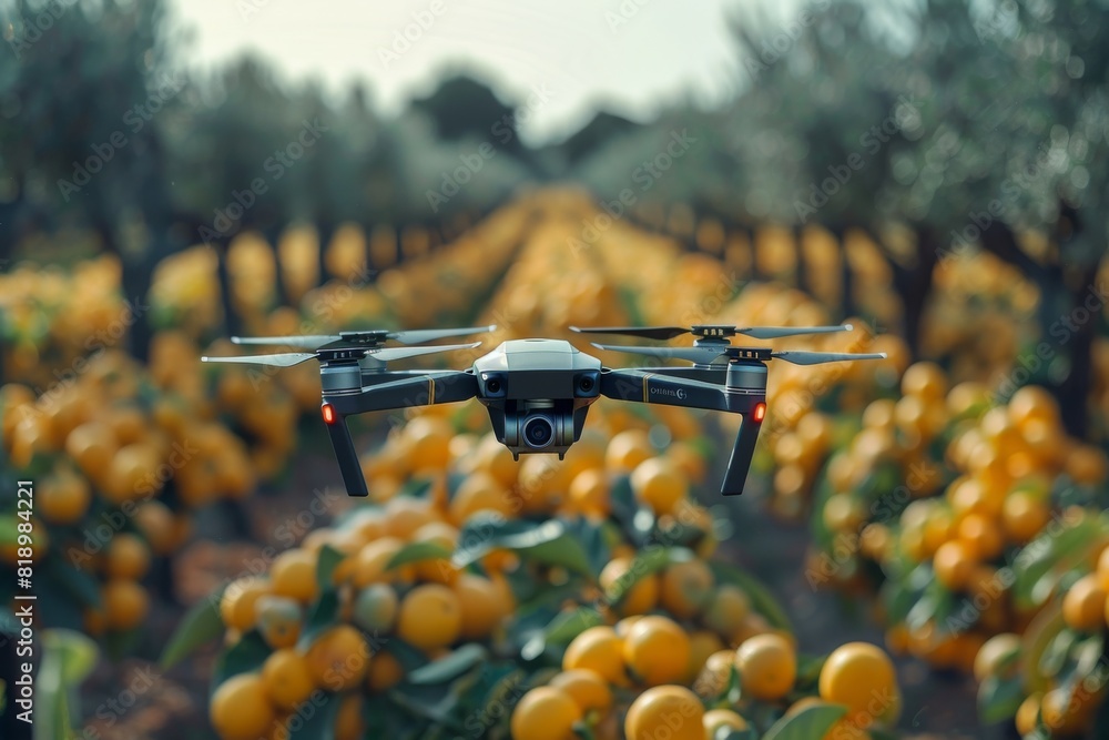 Poster smart farming drone in an isometric vector field using sensors for crop care, agricultural innovatio