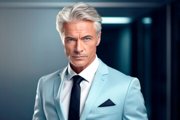 Confident, mature businessman with gray hair in a blue suit looking at the camera on a gray background