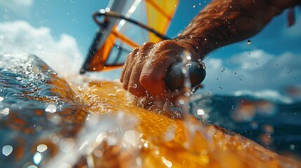 Fototapeta premium Windsurfer s Skilled Grip on the Boom Amid Wind and Waves